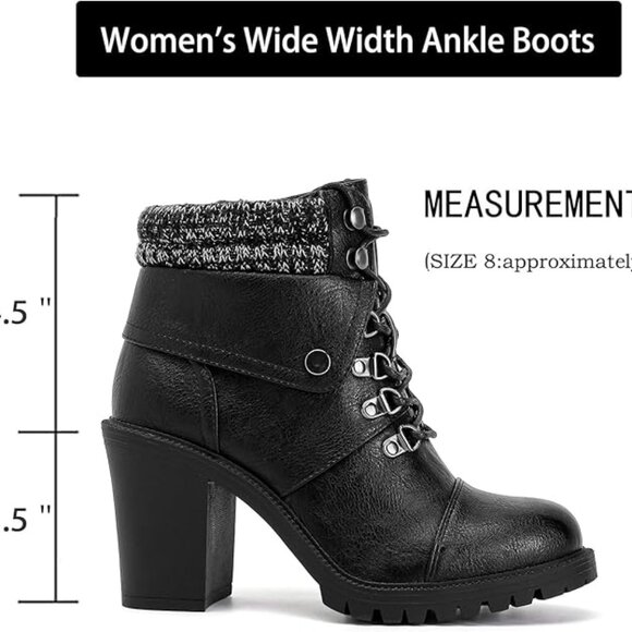 Women's Wide Width Combat Boots - Extra Wide Width High Heel Side Zipper-Black - Picture 3 of 6